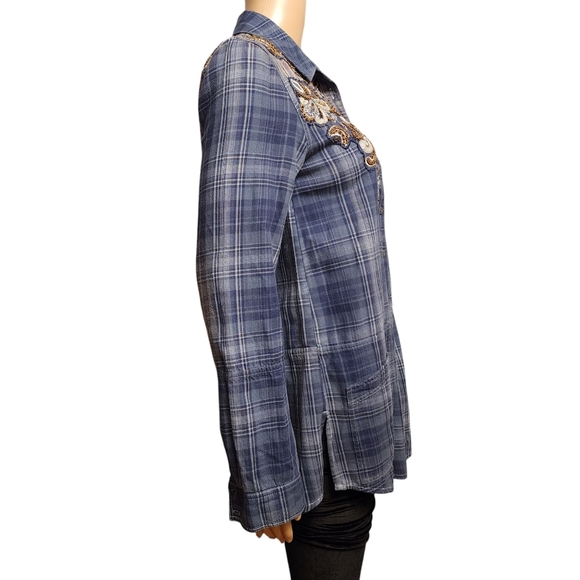 Free People Embellished Blue Plaid Buttondown Tunic Top S - Picture 6 of 16